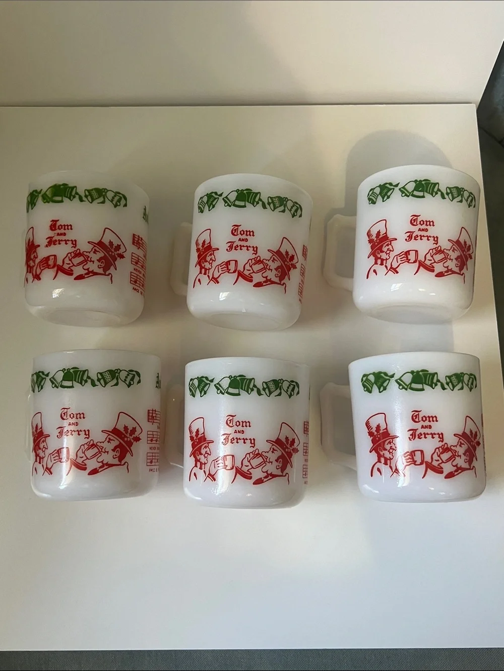 Tom and Jerry Vintage 1950s Hazel Atlas Milk Glass Holiday Punch Cups - 6 cups